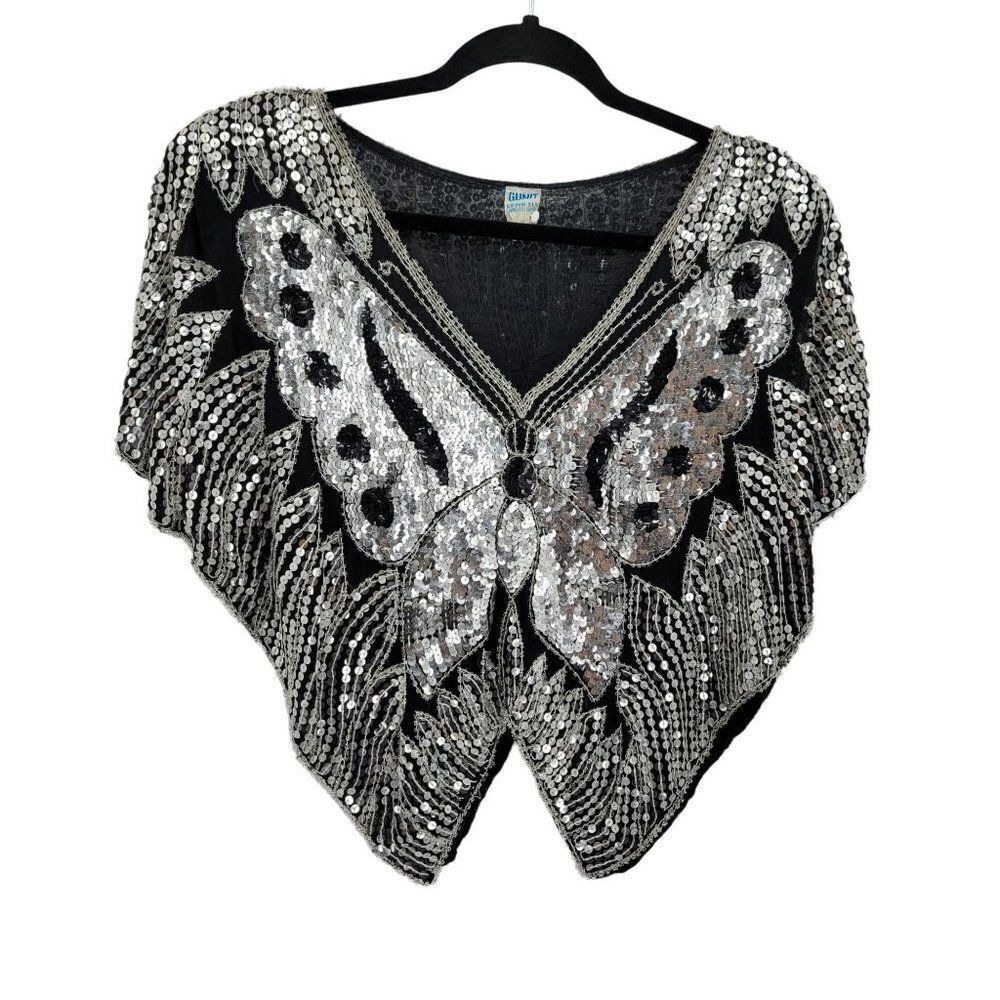 Vtg Fairy Grunge Whimsigoth Silk Silver Sequin Butterfly Blouse Poncho Sz M Glam